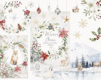 Watercolor Winter Snow Collection - Snowfall - Animals - Christmas Holidays - Festive Clipart - Backgrounds - Winter Scenes