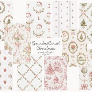 May include: A collection of digital patterns featuring watercolor Christmas motifs including Santa Claus, pine trees, wreaths, ornaments, and floral arrangements in pastel pink and green tones, with the text Grandmillenial Christmas preppy watercolor in pastel.