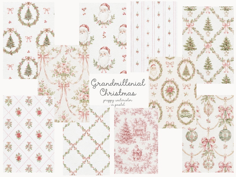 May include: A collection of digital patterns featuring watercolor Christmas motifs including Santa Claus, pine trees, wreaths, ornaments, and floral arrangements in pastel pink and green tones, with the text Grandmillenial Christmas preppy watercolor in pastel.