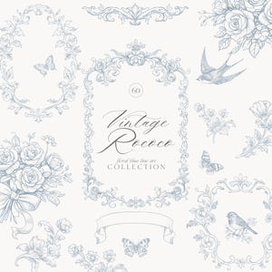 Arte lineal rococó vintage - Escudo de boda victoriano - Estilo chinoiserie azul - Marco ornamental real - Mariposas