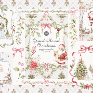 Pode incluir: Uma coleção de ilustrações em aquarela com temas natalinos, incluindo o Papai Noel, pinheiros decorados, azevinho, poinsétias e fitas cor-de-rosa. O texto central diz Grandmillennial Christmas preppy watercolor in pastel.