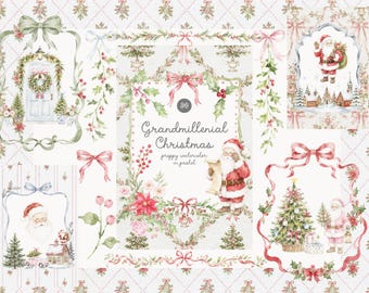 Watercolor Grandmillennial Christmas Pastel Collection - Granny Chic Xmas - Premade Cards -Grandmillennial - Backgrounds - Festive Clipart