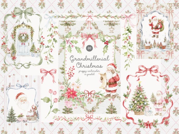 Watercolor Grandmillennial Christmas Pastel Collection - Granny Chic Xmas - Premade Cards -Grandmillennial - Backgrounds - Festive Clipart