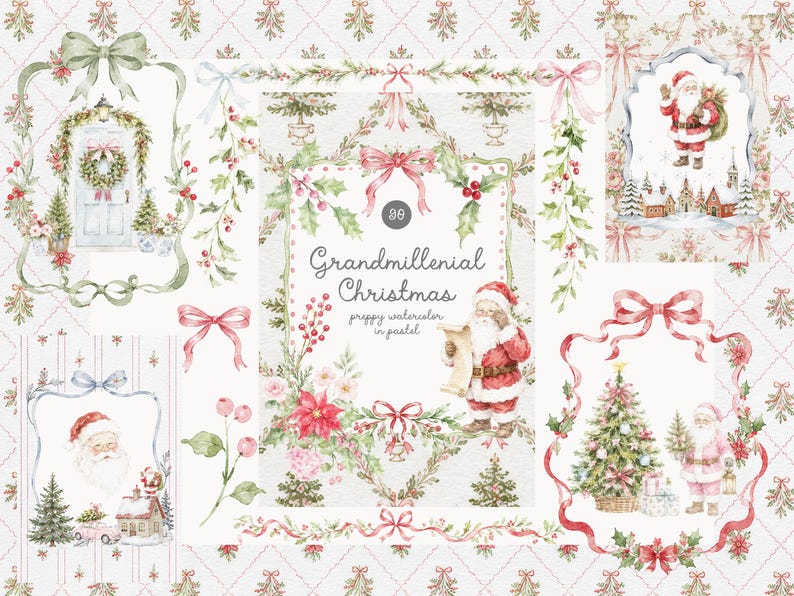 May include: A collection of watercolor illustrations featuring Christmas themes, including Santa Claus, decorated pine trees, holly, poinsettias, and pink ribbons. The central text reads Grandmillennial Christmas preppy watercolor in pastel.