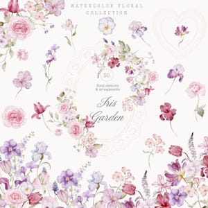 May include: Watercolor floral collection featuring various flowers in shades of pink, purple, and white. The image includes roses, irises, and other floral elements, with the text "Watercolor Floral Collection" and "Iris Garden".