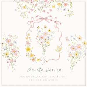 Peut inclure: Collection florale à l'aquarelle avec des bouquets, une composition florale encadrée de rubans et des éléments décoratifs. Le design comprend des fleurs roses, jaunes et bleues pastel, des papillons et un oiseau. Le texte "Dainty Spring" et "Watercolor Floral Collection" sont présents.