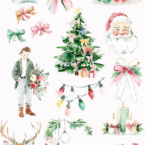 May include: Watercolor illustrations of Christmas-themed elements. Includes a snowman, bows, a Christmas tree, Santa Claus, a boy with flowers, a deer, ornaments, candles, a sleigh, and string lights. Text reads "Quirky Christmas Winter Time Doodles."