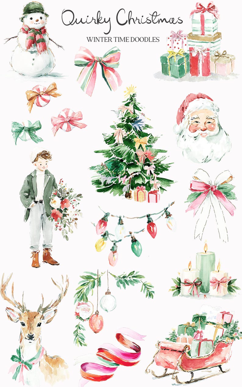 May include: Watercolor illustrations of Christmas-themed elements. Includes a snowman, bows, a Christmas tree, Santa Claus, a boy with flowers, a deer, ornaments, candles, a sleigh, and string lights. Text reads "Quirky Christmas Winter Time Doodles."