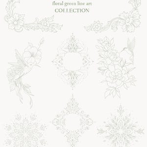 Op de afbeelding: Een verzameling bloemige groene lijnkunst elementen, waaronder frames, decoraties en individuele illustraties van bloemen en kolibries. De tekst "Vintage Reviere" en "floral green line art COLLECTION" zijn ook aanwezig.