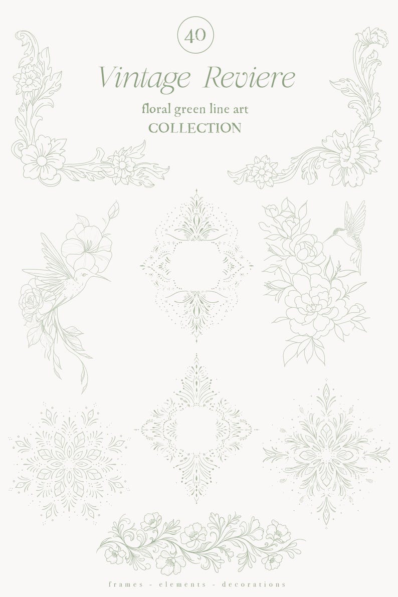 Op de afbeelding: Een verzameling bloemige groene lijnkunst elementen, waaronder frames, decoraties en individuele illustraties van bloemen en kolibries. De tekst "Vintage Reviere" en "floral green line art COLLECTION" zijn ook aanwezig.