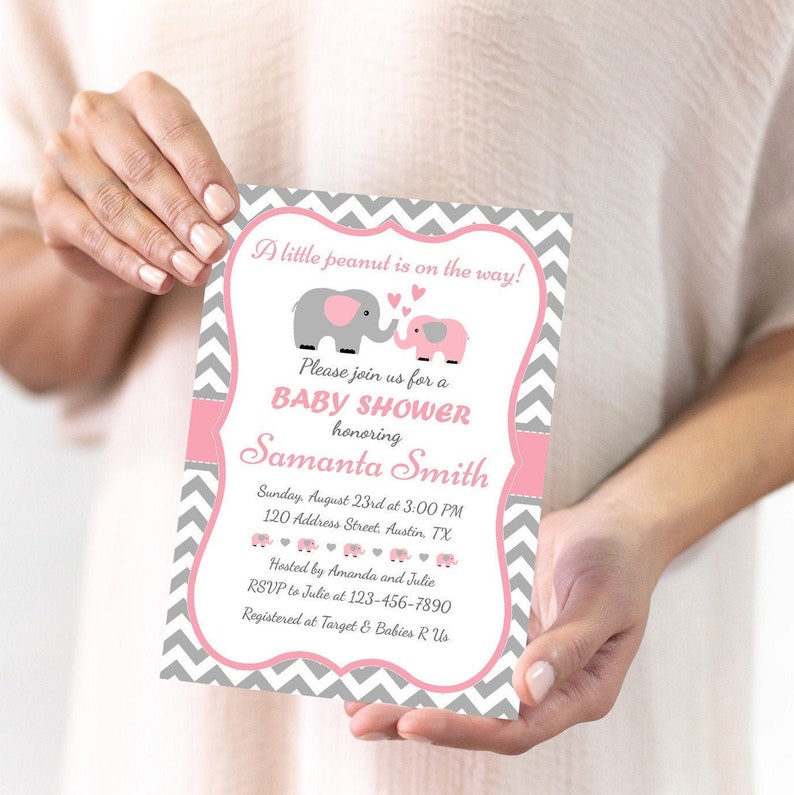 Elephant Baby Shower Invitation Pink Gray Elephant Etsy