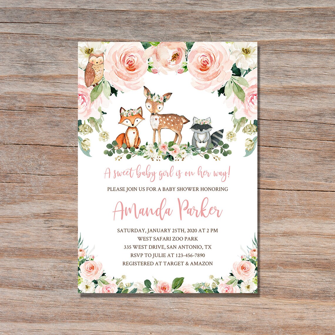 Woodland Baby Shower Invitation Girl Greenery Woodland Animal Etsy