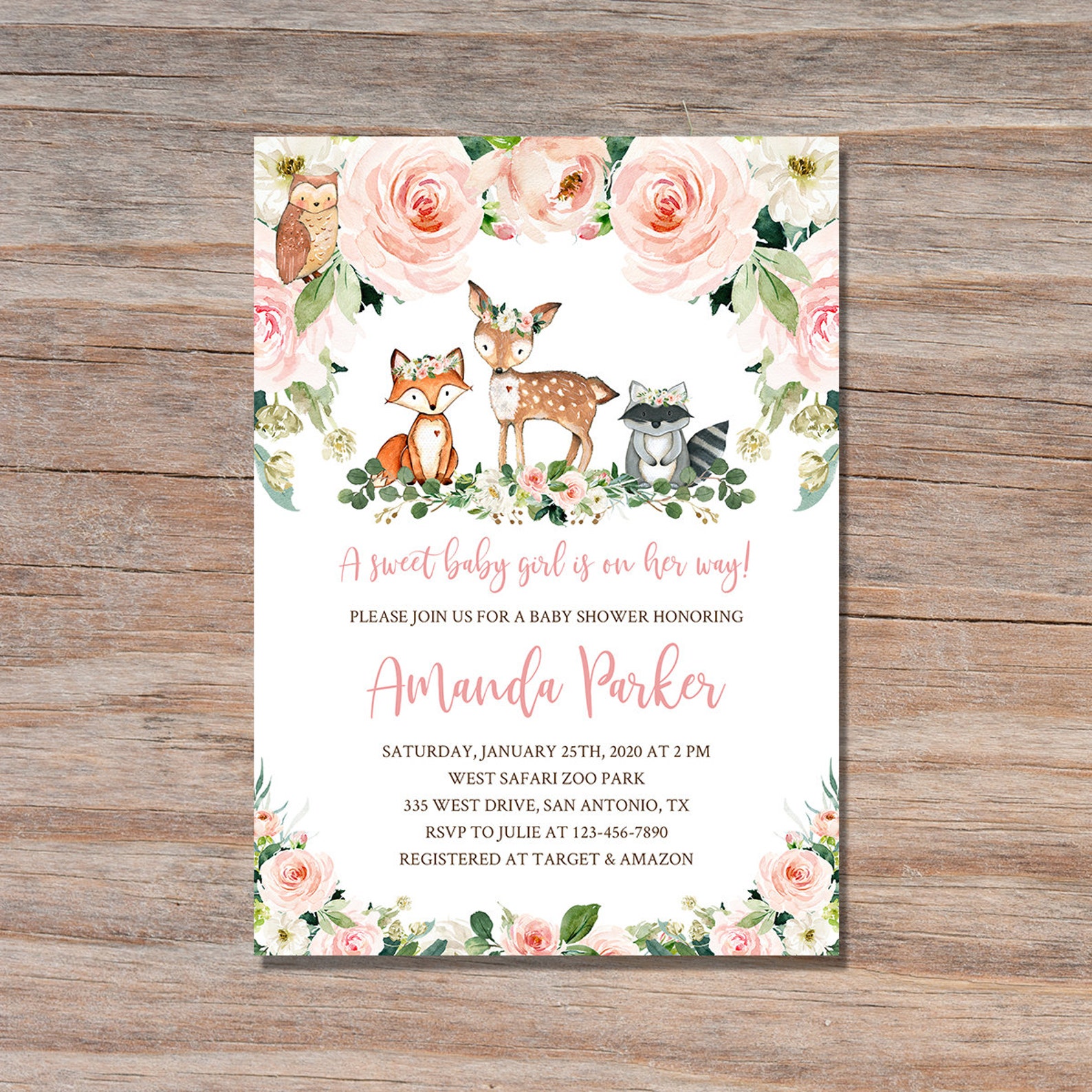 Woodland Baby Shower Invitation Girl Greenery Woodland Animal Etsy