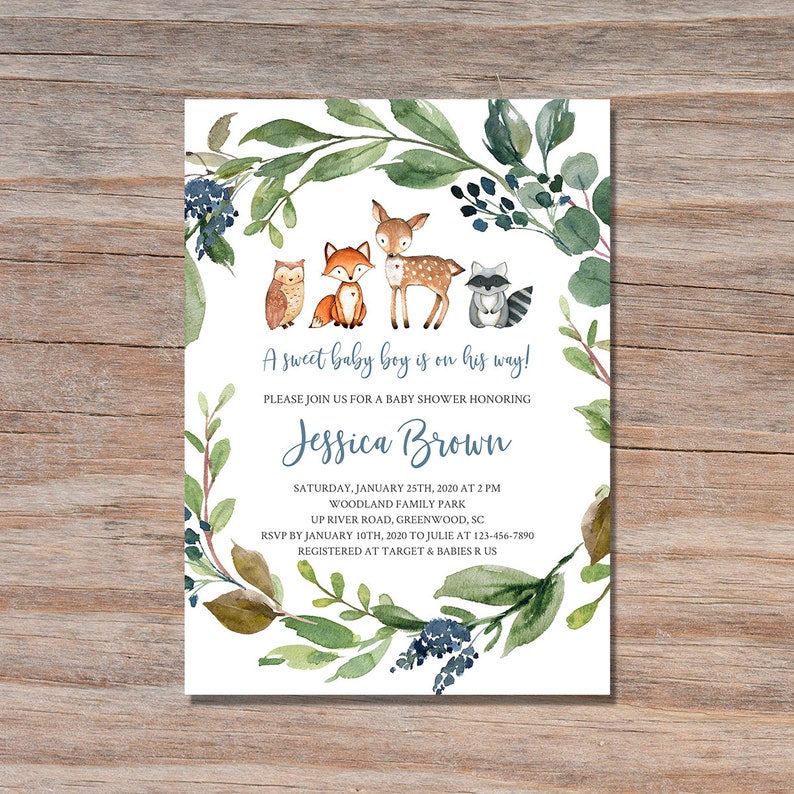 Woodland Baby Shower Invitation Boy Greenery Woodland Animal Etsy
