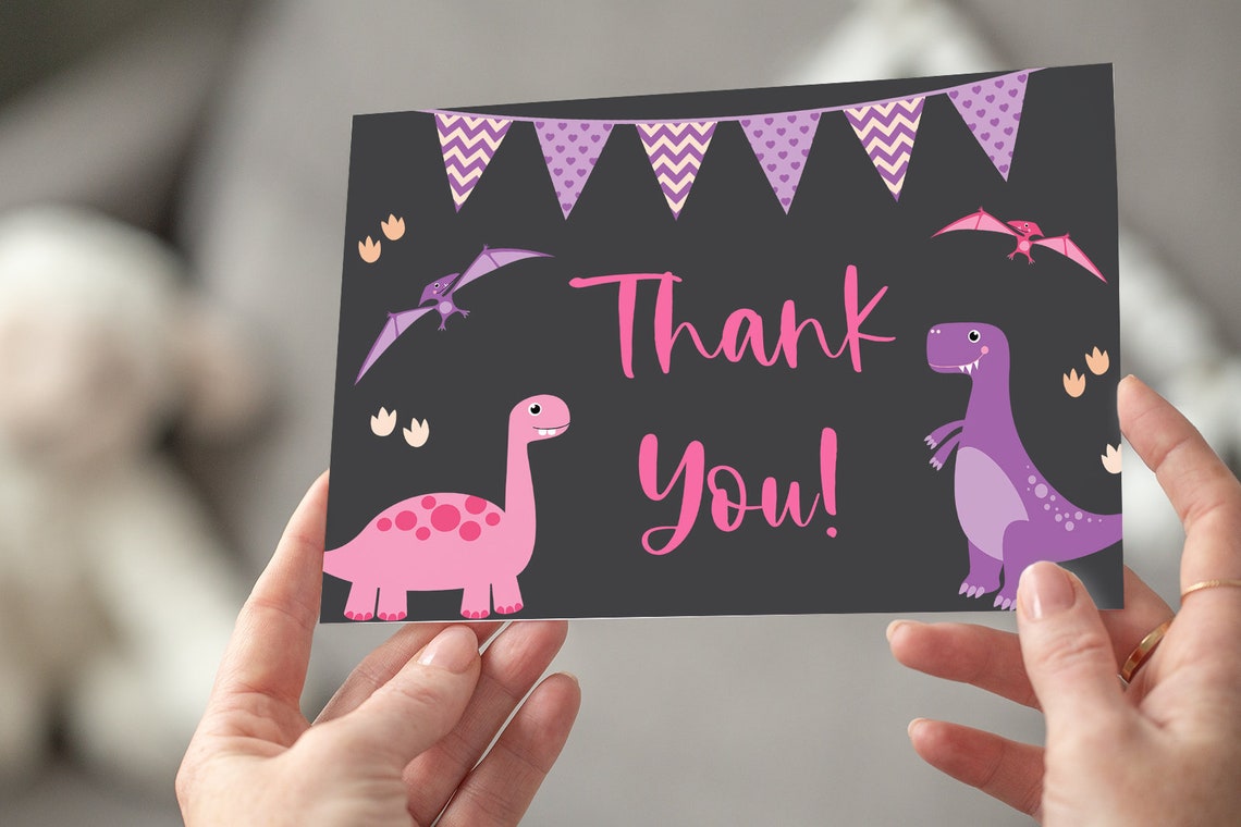 Dinosaurs Thank You Card Pink Dinosaur Thank You Card Dino Etsy