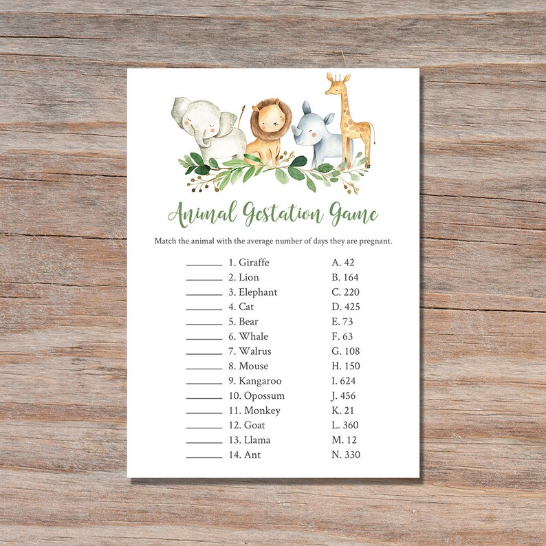 Animal Gestation Game Safari Baby Shower Game Animal Pregnancy Etsy