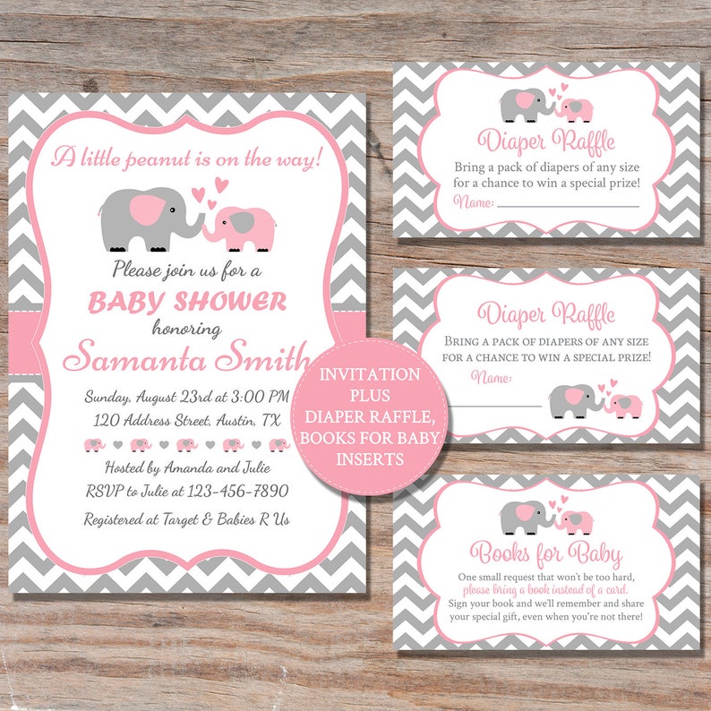 pink and grey elephant baby shower invitations