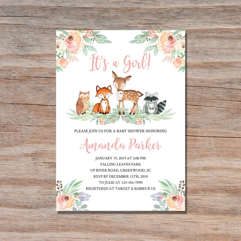 Girl Woodland Baby Shower Invitation Theme Image 0