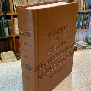 May include: A brown leather-bound book titled "Morning and Evening" by Charles Spurgeon. The book has embossed text and decorative borders. The spine and cover are a solid brown color. The book is displayed in a bookstore setting.