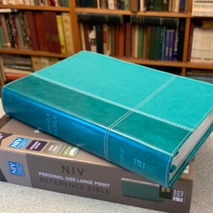PERSONALIZED NIV Large Print Reference Bible - Turquoise Leathersoft - New International - Custom Engraved Name Imprint - Christian Books