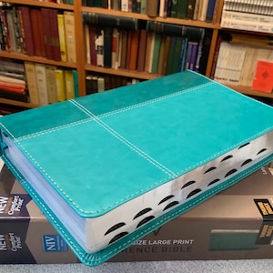 PERSONALIZED NIV Large Print Reference Bible - Thumb Indexed - Teal Turquoise Leathersoft - Custom Engraved Name Imprint - Christian Books