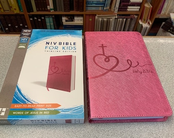 Personlized** NIV BIBLE for KIDS - Pink Heart Design - Thinline Edition - Custom Engraved Name Imprint - Christian Gifts Girls Her - Youth