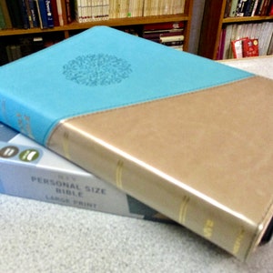 Personalized NIV LARGE Print Reference - Personal Size Bible - Teal with Emblem / Gold Leathersoft* Custom Engraved Name Imprint -