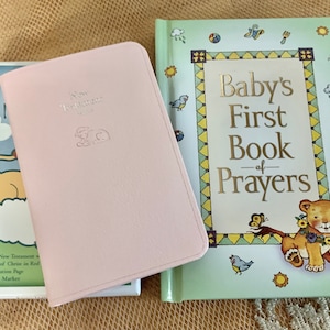 Personalized BABY Bible GIFT SET - Keepsake New Testament Custom Engraved + Baby’s First Book of Prayers - Baby Shower New Baby Gift