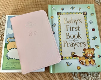 Personalized BABY Bible GIFT SET - Keepsake New Testament Custom Engraved + Baby’s First Book of Prayers - Baby Shower New Baby Gift