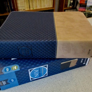 PERSONALIZED NIV Study Bible - Full Color - Comfort Print - Revised & Expanded - Navy / Tan - Custom Engraved Imprinted Name Christian Books