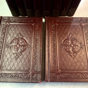 May include: Two matching dark brown hardcover books with embossed decorative borders and a central circular medallion design on the front covers. Behind these two books, a row of additional matching volumes is partially visible in the background.