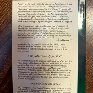 May include: A book cover with text discussing the doctrine of sin by Iain Campbell. The cover is primarily white with black text, including quotes and author names. The book's title and author are not visible.