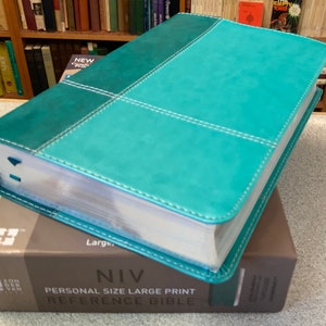 PERSONALIZED NIV Large Print Reference Bible - Turquoise Leathersoft - New International - Custom Engraved Name Imprint - Christian Books