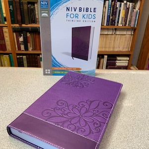 Personlized** NIV BIBLE for KIDS - Purple Flower Design - Thinline Edition - Girls Bible- Custom Engraved Name Imprint - Christian Gifts