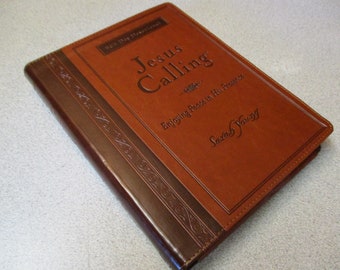 Personalized JESUS CALLING - Large Print  - Sarah Young Devotional - Full Verse Deluxe Edition - Brown Leather Soft Custom Imprint Engraved