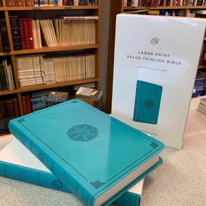 PERSONALIZED ESV Bible Large Print Value Thinline Turquoise Emblem Design - Custom Engraved Name Imprint - Christian Books Gifts