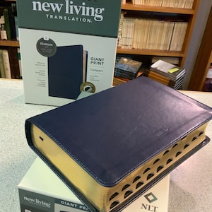 Personalized NLT Giant Print Small Compact Bible -10 pt ft -  Filament App Ed. Navy Blue Cross Leather like - Custom Engrave Name Imprint -