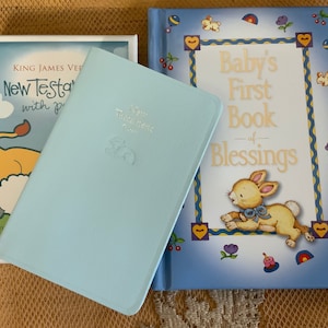 Personalized BABY Bible GIFT SET - Keepsake New Testament Custom Engraved Name + Baby’s First Book of Blessings - Baby Shower New Baby Gift