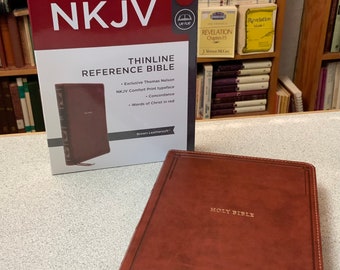 Personalized NKJV Thinline Reference Bible - Brown Leathersoft* - Comfort Print - Red Letter - Custom Engraved Name Imprint Christian Gift