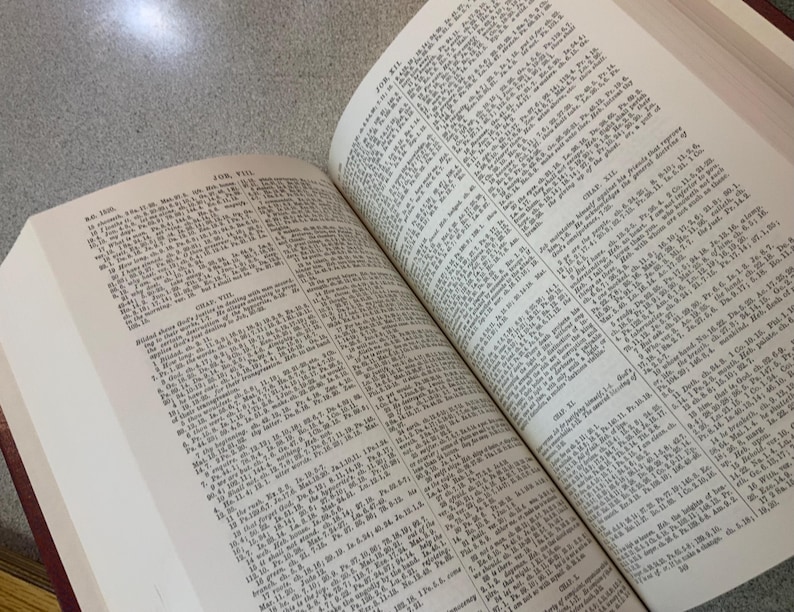 Puede incluir: Un libro abierto con texto del Libro de Job. Las p&aacute;ginas son de color blanquecino con texto negro peque&ntilde;o. El libro est&aacute; abierto en dos p&aacute;ginas enfrentadas, con el texto que llena toda la superficie. El libro est&aacute; sobre una superficie gris claro.