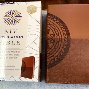 Personalized NIV LIFE APPLICATION Study Bible  - Two tone Brown  Leathersoft* - Red Letter - Comfort Print- Custom Engraved Name Imprint