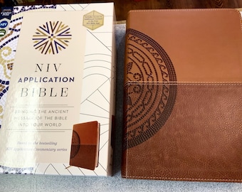 Personalized NIV LIFE APPLICATION Study Bible  - Two tone Brown  Leathersoft* - Red Letter - Comfort Print- Custom Engraved Name Imprint