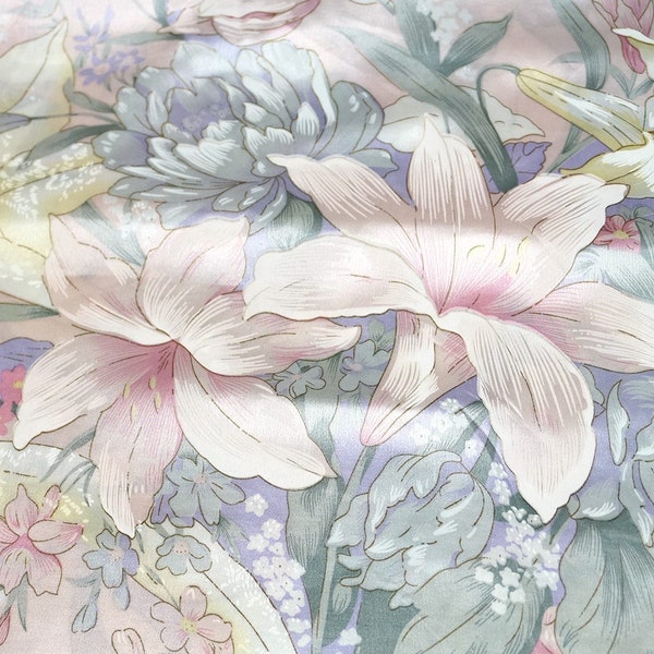 Smooth Lily Floral in Ivory, Pastel Pink color Faux Silk Satin Fabric Material for wild rags, scarves, dresses, tops