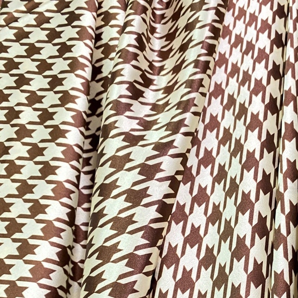 Houndstooth Print Gold Brown Faux Silk Satin Fabric 48"W Material for Dress Shawl Wildrags Pajamas Drape