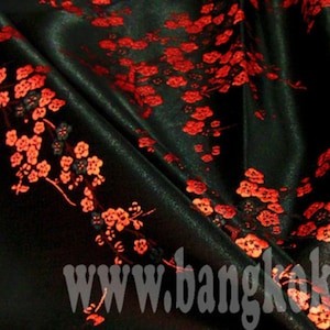 Cherry Blossom Brocade Fabric – Black Red Faux Silk by the Yard – 36” Wide Asian Floral Fabric for Sewing, Dresses, Crafts