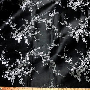 Cherry Blossom Faux Silk Brocade Fabric 36&quot;W by the yard -Black & Silver
