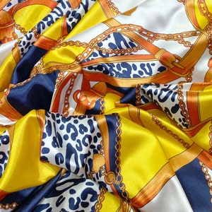 Leopard & Chains Animal Prints Faux Silk Satin Fabric 48"W Material - Yellow Blue