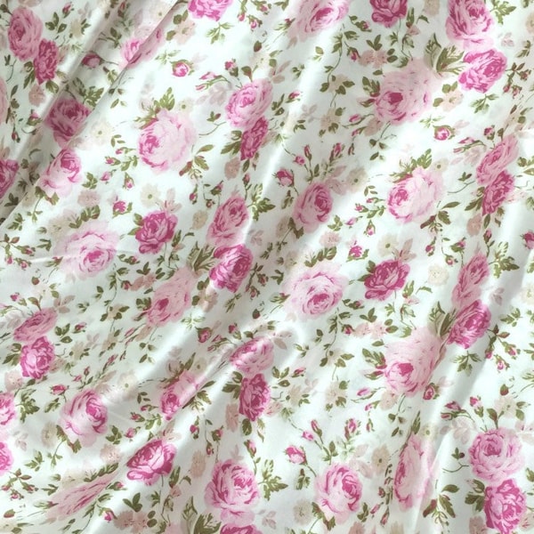 Rose Floral Print Faux Silk Satin Fabric 48"W - Ivory Pink for Scarves Wild rags Skirts Drapes DIY clothing