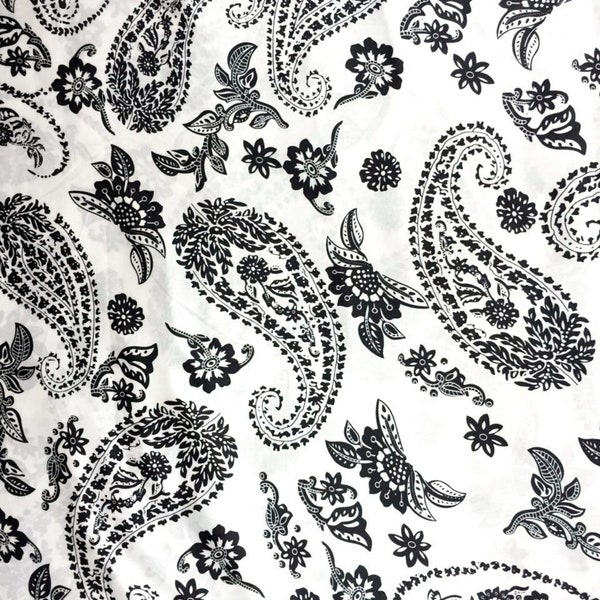 Paisley Floral Print Faux Silk Satin Fabric 48"W - Ivory Black Material Wild rags Scarves Skirts Dresses Tops