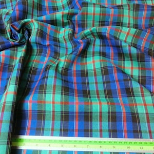 Plaid Cotton Blend Fabric: Green, Blue Tartan - 44&quot; Wide